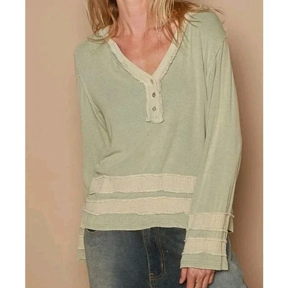 Nwot POL Ribbed Long Sleeve Henley Shirt Top Green Distressee Oversized Small - Picture 1 of 11